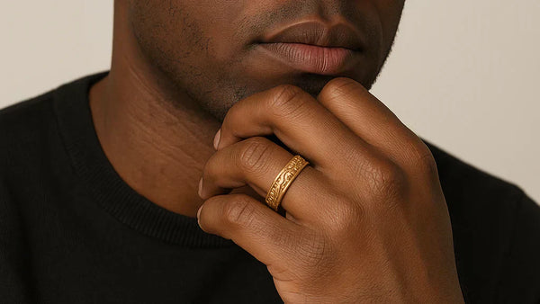 Male model wearing a yellow gold THORNS Christian Ring from Glor-e