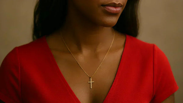 Woman wearing a yellow gold cross necklace from Glor-e for Valentine's Day