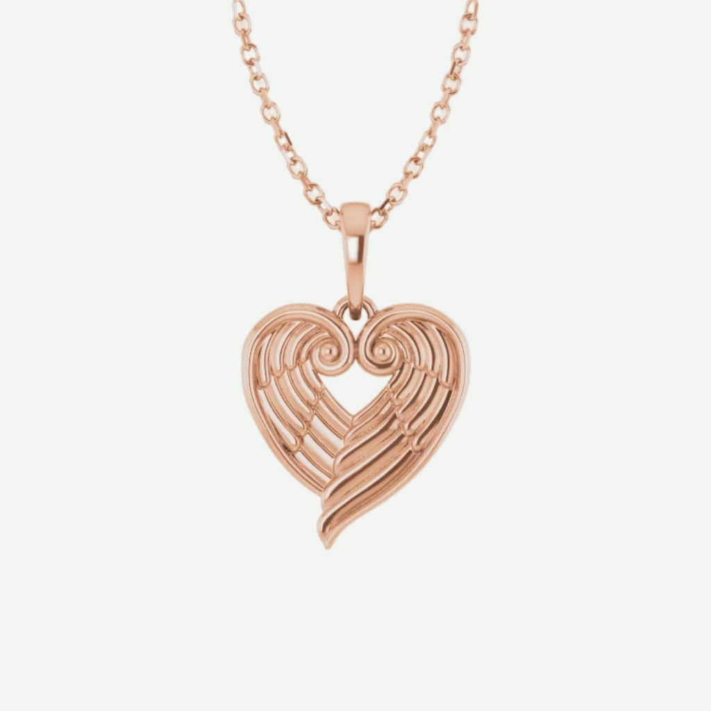 Front View of Rose Gold ANGEL WINGS HEART Christian Necklace For Women