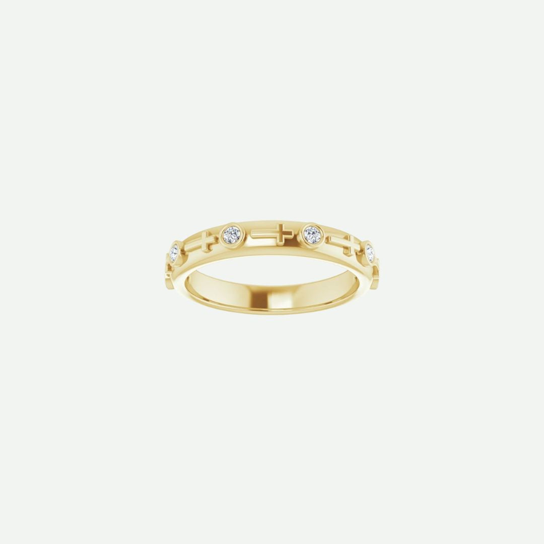 Front view of the GRACED yellow gold cross ring with a wider band, reflecting strength and modern Christian style.