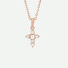 Front view of the GRACED necklace in rose gold, showcasing a pearl and diamonds on the cross, blending warmth with devotion.