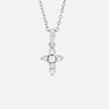 Front view of the GRACED necklace in sterling silver, featuring a seed pearl and diamonds on the cross as a symbol of grace and faith.