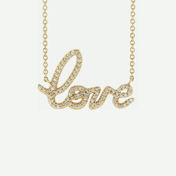 Front View of Yellow Gold LOVE Christian Necklace For Women