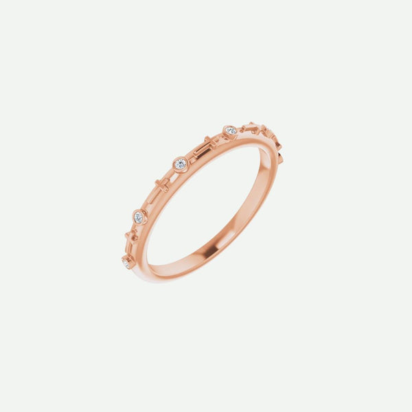 Front view of GRACED 14K rose gold Christian ring for women, showcasing its delicate cross accent and graceful form.
