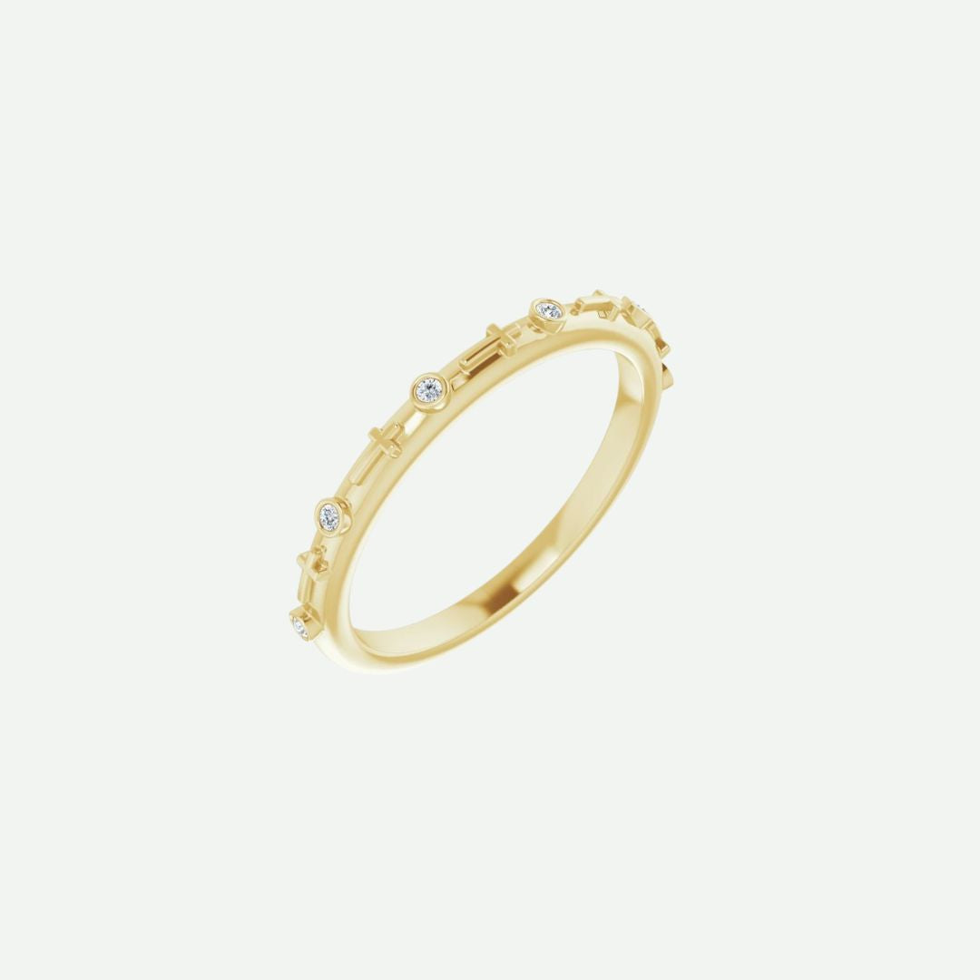 Oblique view of GRACED 14K yellow gold cross ring for women, showcasing its slender band and refined spiritual elegance.