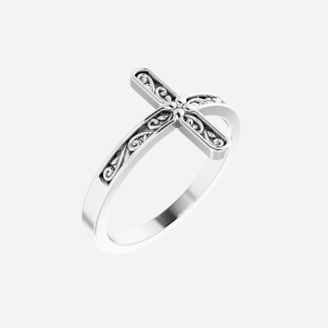 Oblique View of Sterling Silver BEAUTÉ Christian Ring For Women