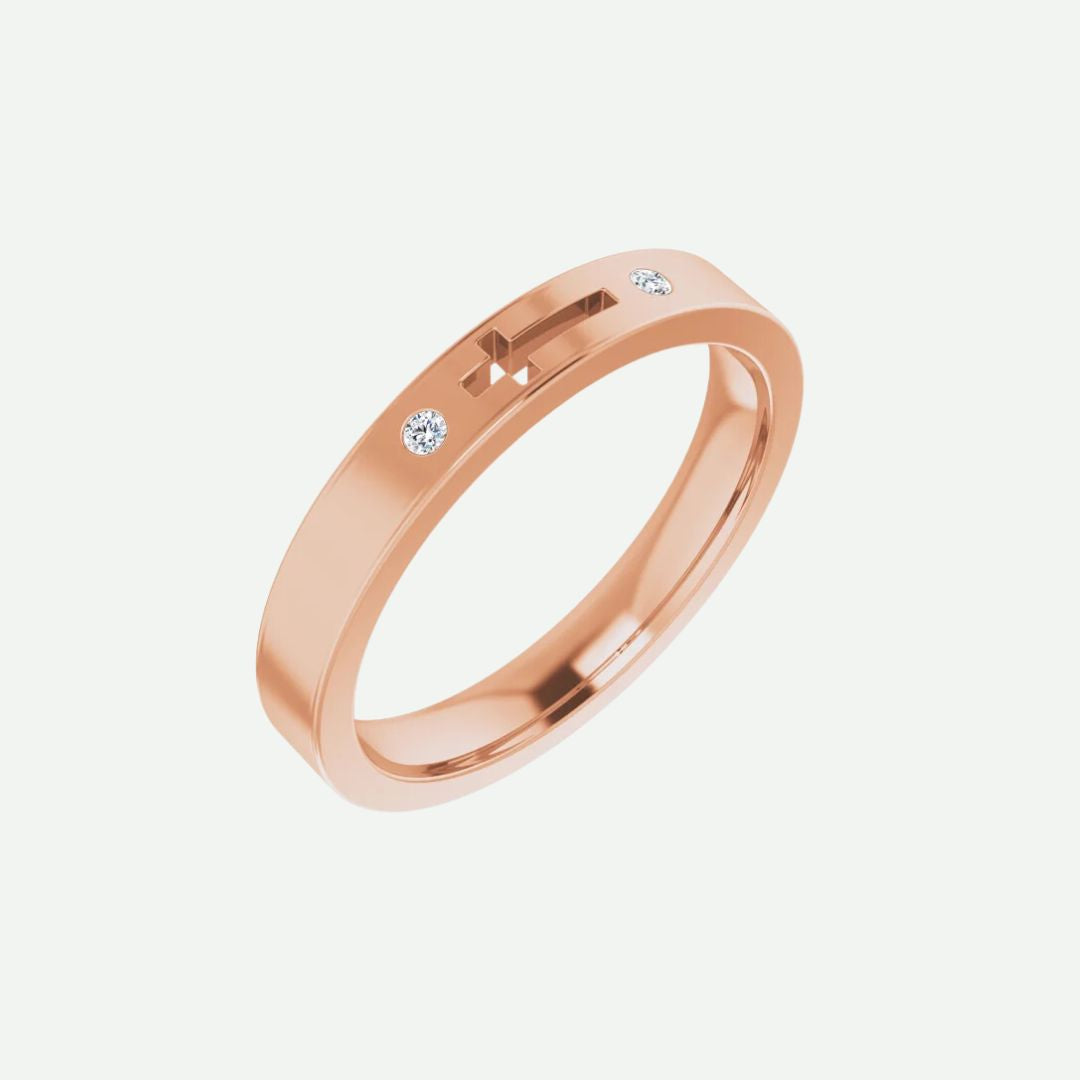 Right Oblique View of Rose Gold PIERCED Christian Ring For Women