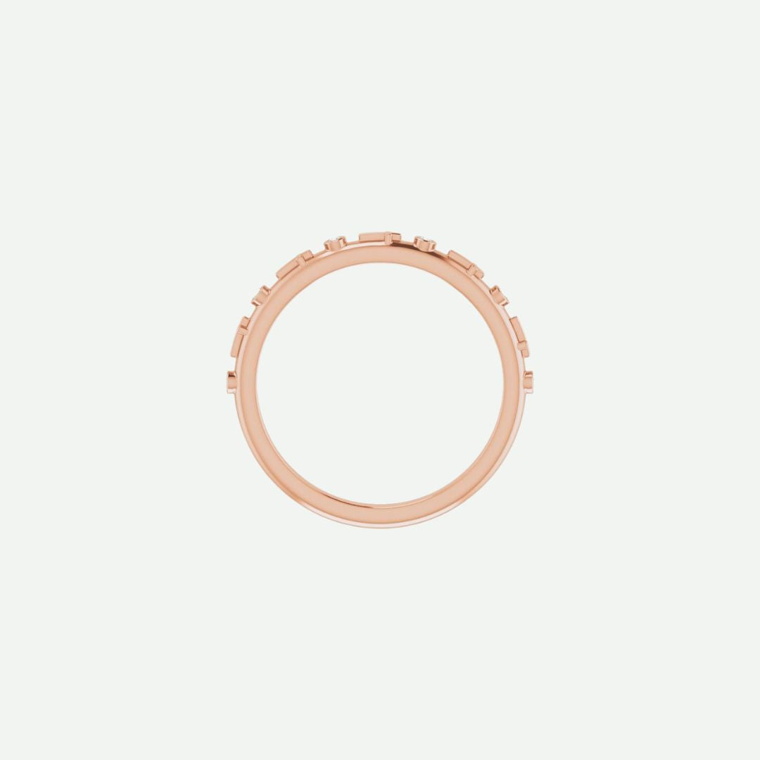 Top view of the GRACED rose gold cross ring in 1.1 mm width, blending warmth and faith with understated elegance.