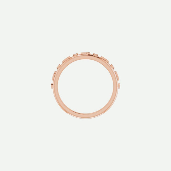 Top view of the GRACED rose gold cross ring in 1.1 mm width, blending warmth and faith with understated elegance.