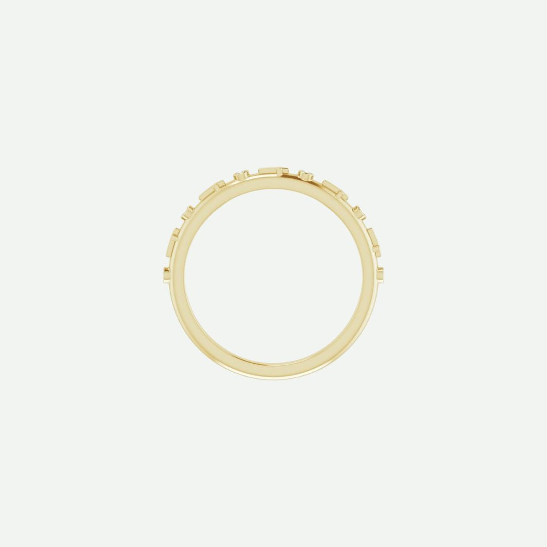 Top view of the GRACED yellow gold cross ring in 1.1 mm width, a delicate Christian band symbolizing grace and quiet faith.