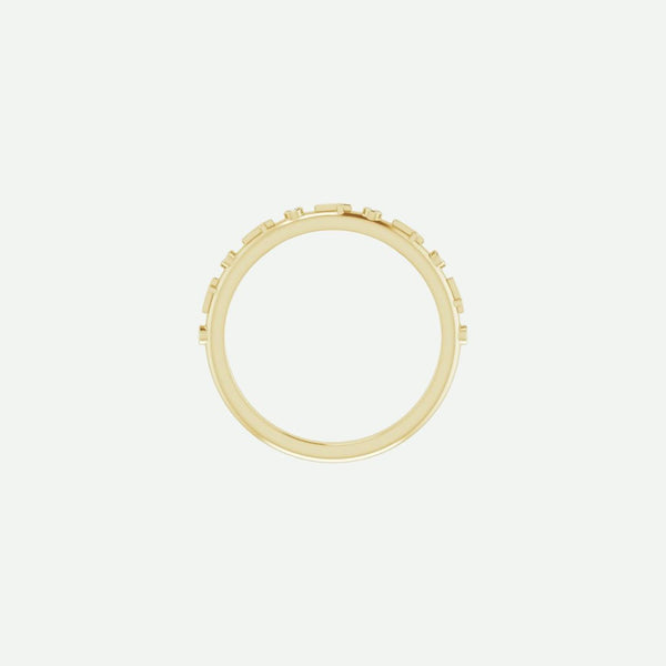 Top view of the GRACED yellow gold cross ring in 1.1 mm width, a delicate Christian band symbolizing grace and quiet faith.