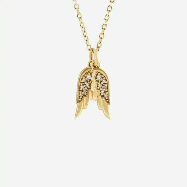 Front view of yellow gold Angel Wings Christian necklace for women