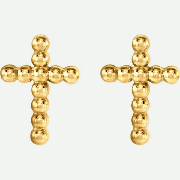 Front view of Beaded Cross 14k yellow gold Christian Earrings from Glor-e