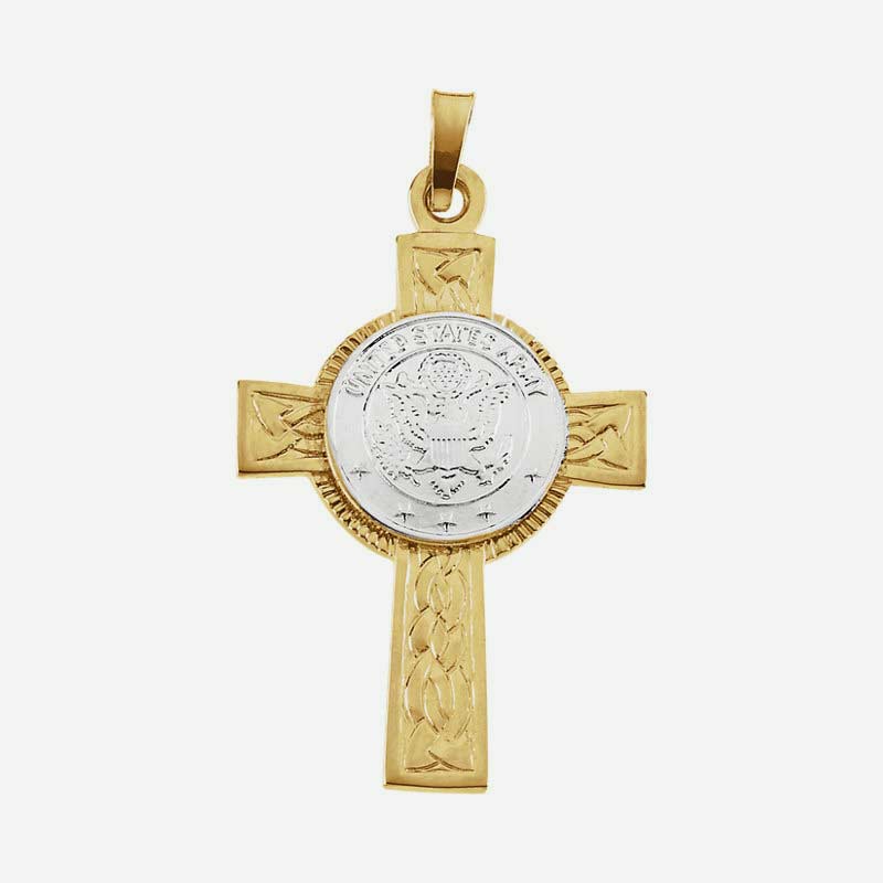 Front view of 14K gold US Army Christian pendant – unisex military-inspired faith necklace