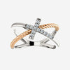 Front view of white and rose gold diamond cross rope Christian ring for women