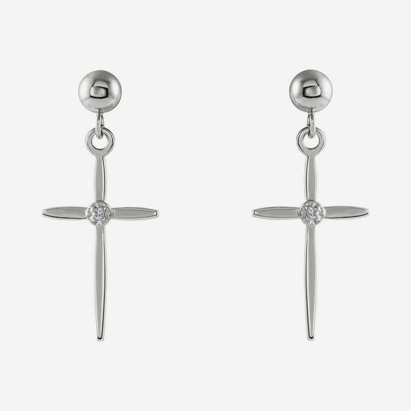 Front view of white gold Cross and Ball Christian earrings