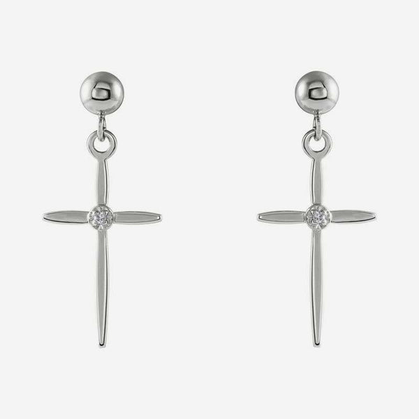 Front view of white gold Cross and Ball Christian earrings