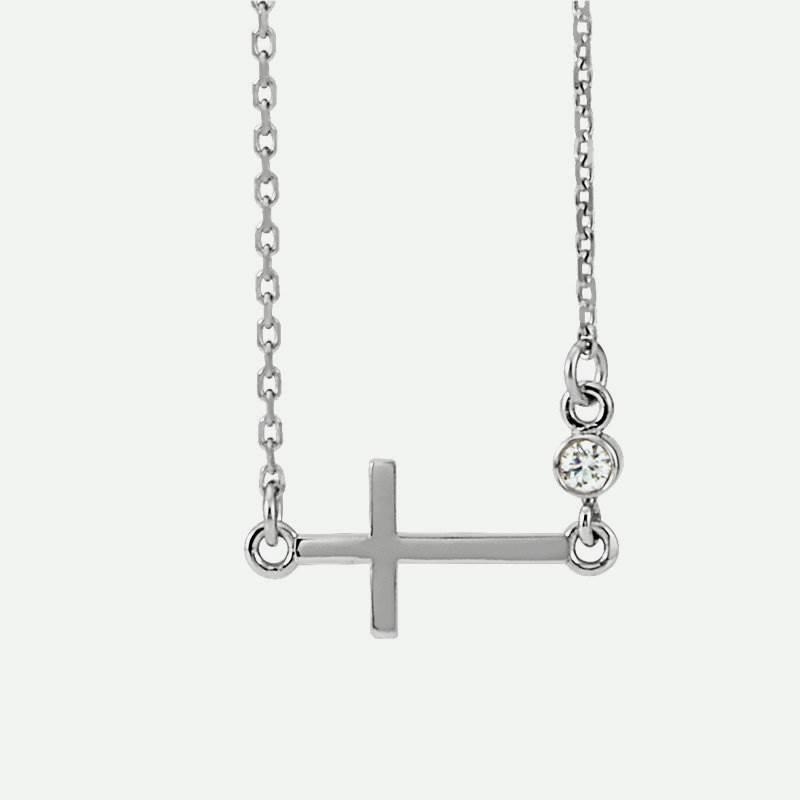 Front view of white gold FAITHFUL Christian necklace for women