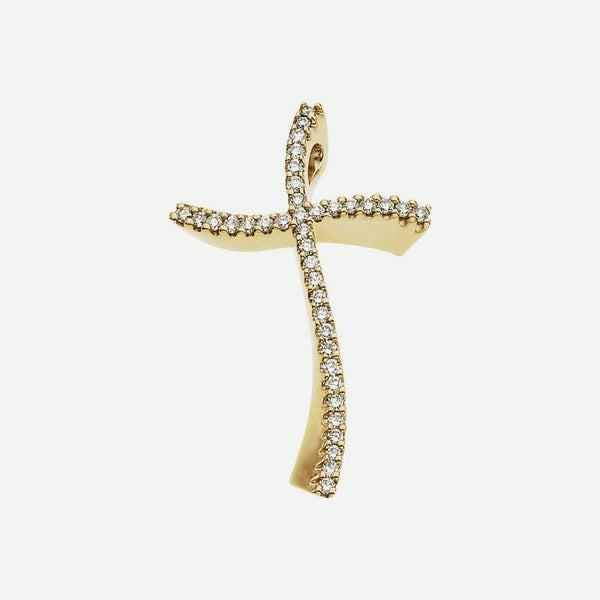 Front view of yellow gold Accented Diamond Cross Christian Pendant