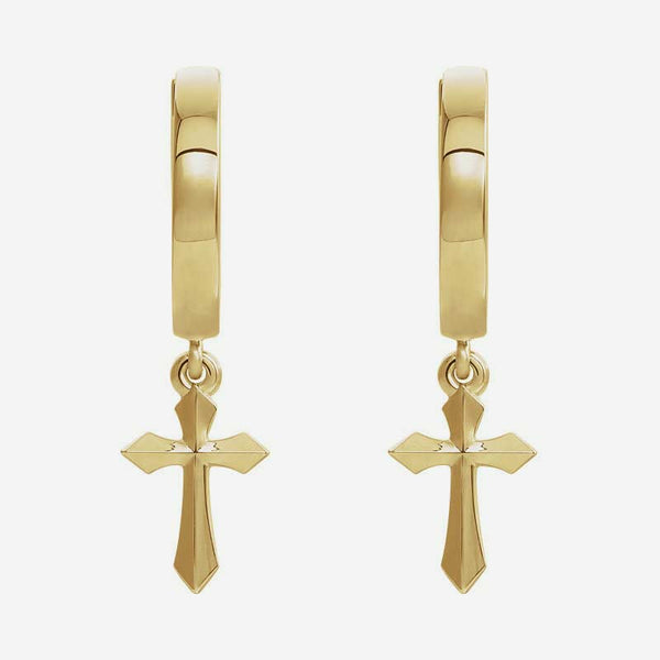 Front view of yellow gold Cross Drop Christian Earrings for women