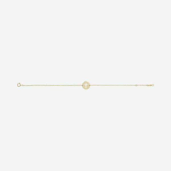 Front view of yellow gold Pierced Cross Christian bracelet for women