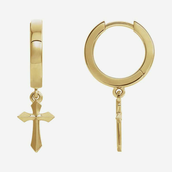 Mixed view of yellow gold Cross Drop Christian Earrings for women