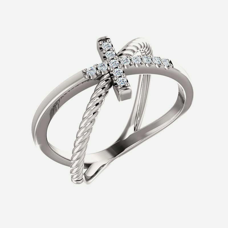 Oblique view of sterling silver diamond cross rope Christian ring for women