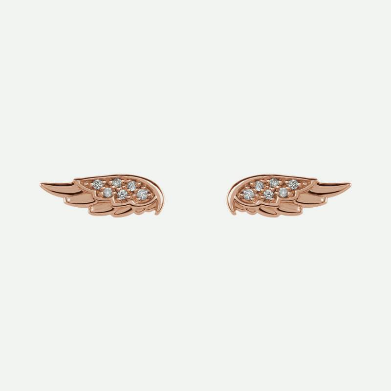 Pair view of rose gold angel wings Christian earrings for women