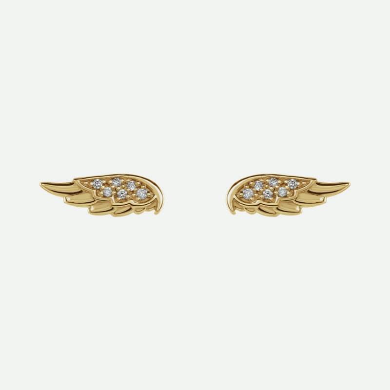 Pair view of yellow gold angel wings Christian earrings for women