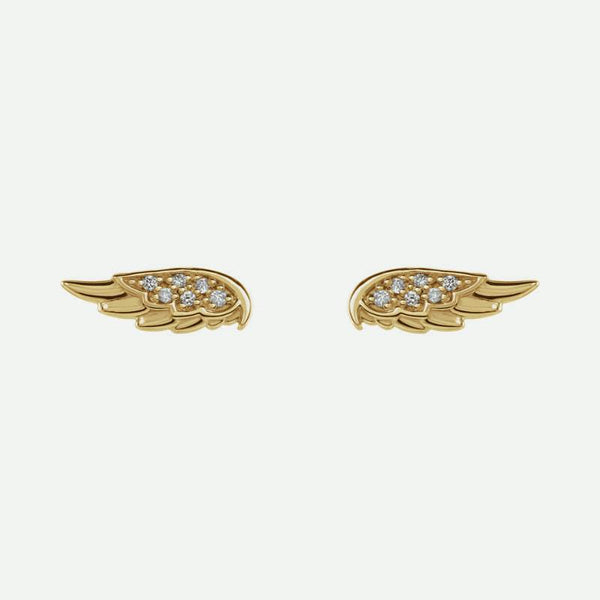 Pair view of yellow gold angel wings Christian earrings for women