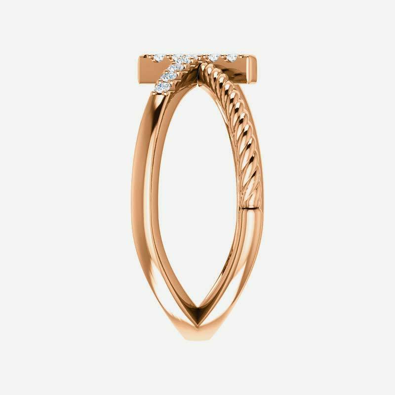 Side view of rose gold diamond cross rope Christian ring for women