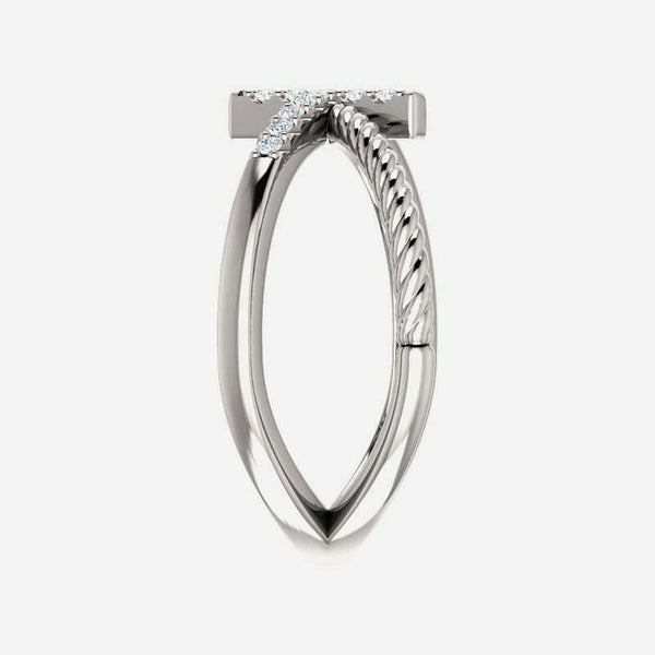 Side view of sterling silver diamond cross rope Christian ring for women