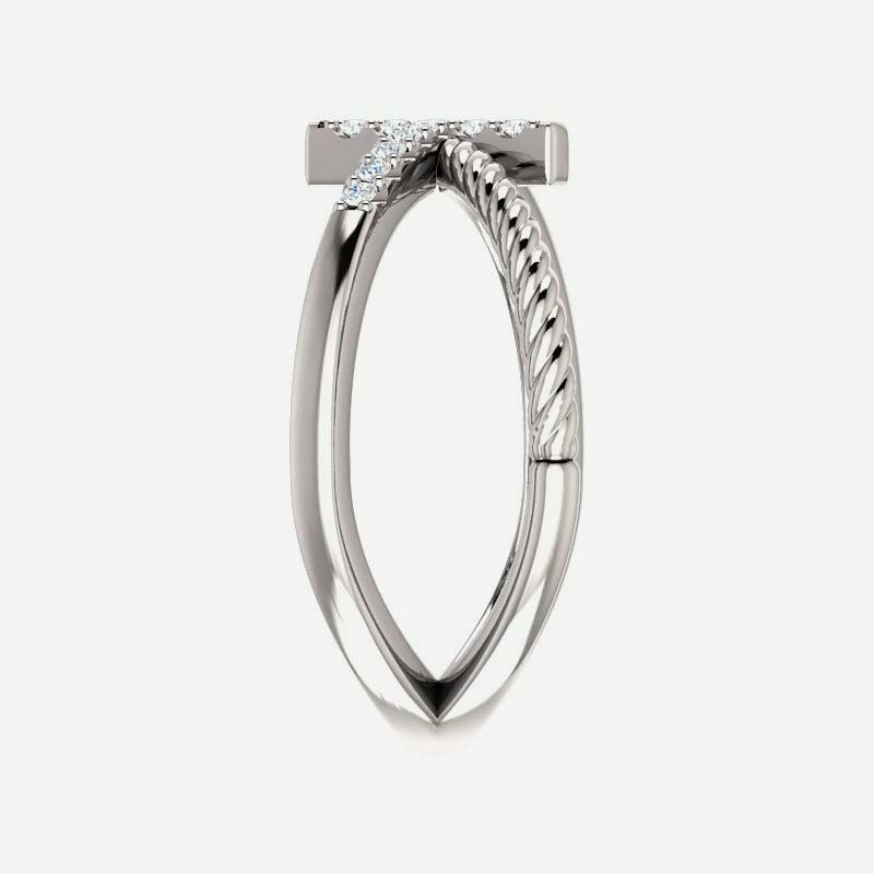 Side view of white gold diamond cross rope Christian ring for women