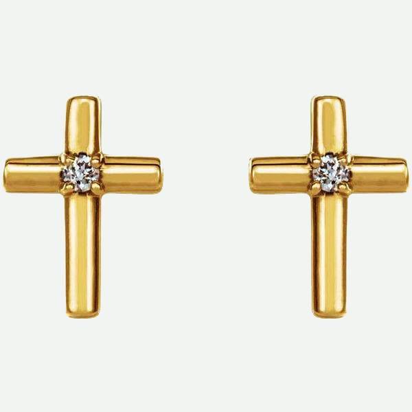 Front View of Solitaire Cross 14K Yellow Gold Christian Earring | Glor-e