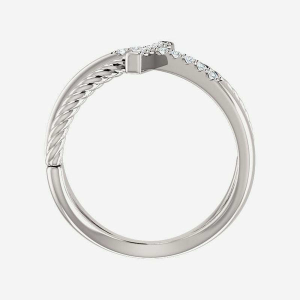Top view of sterling silver diamond cross rope Christian ring for women