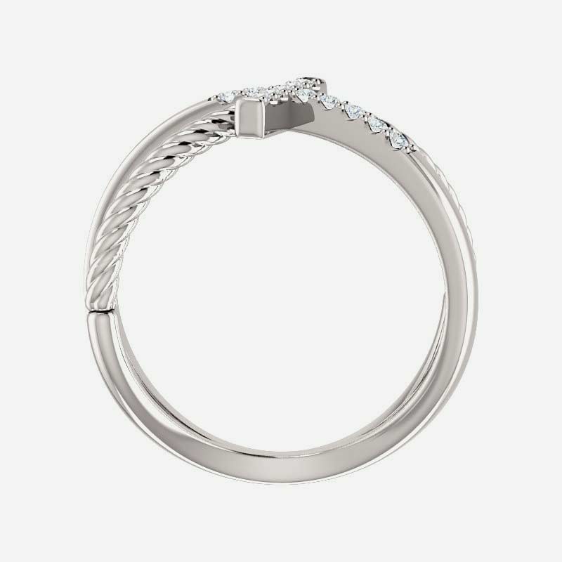 Top view of white gold diamond cross rope Christian ring for women