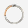 Top view of white and rose gold diamond cross rope Christian ring for women