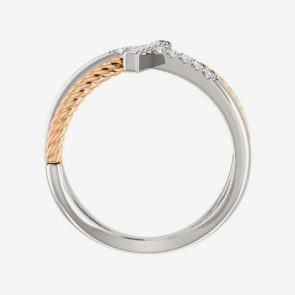 Top view of white and rose gold diamond cross rope Christian ring for women