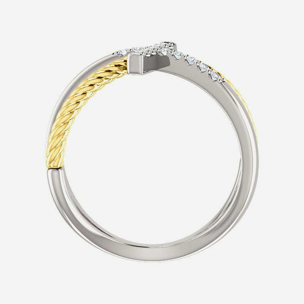 Top view of white and yellow gold diamond cross rope Christian ring for women