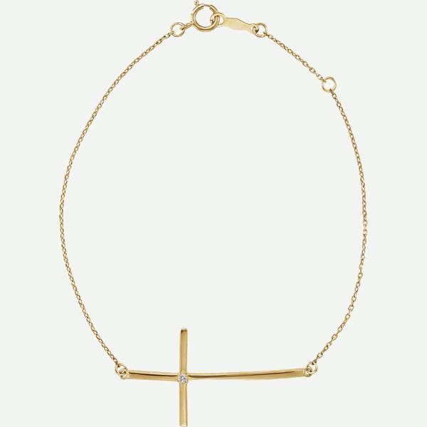 Top View of Sideways Cross Yellow Gold Christian Bracelet For Women