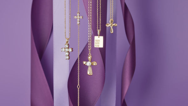 Showcase of Christian Necklaces from Glor-e on a Purple Studio Background