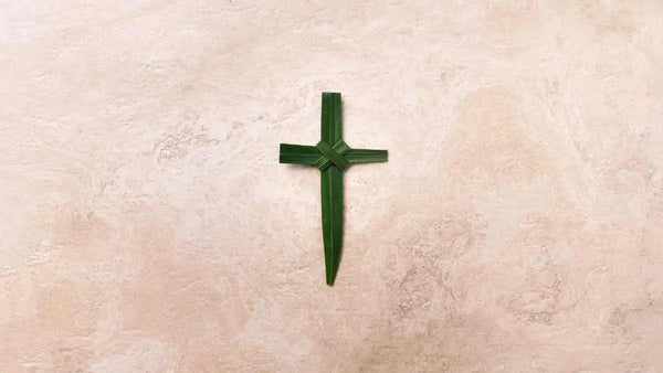 Green Palm Cross on Beige Background | Glor-e - Inspiring Christian Jewelry