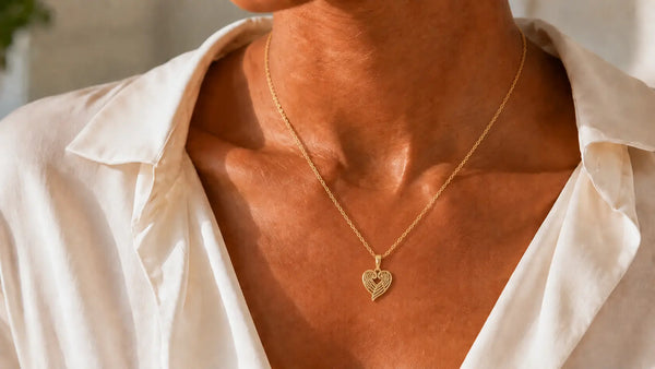 Woman wearing a delicate gold angel-wing heart necklace, illustrating gold and sterling silver Christian jewelry.