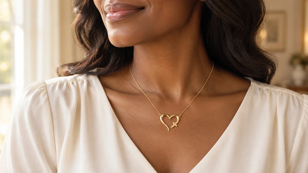 Woman wearing Glor-e's yellow-gold LOVED heart and cross necklace with an ivory blouse.