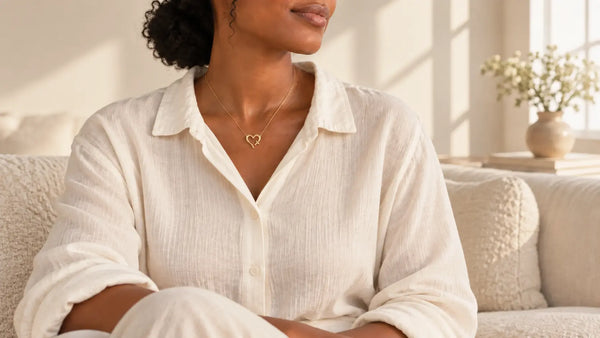 Woman wearing the yellow gold LOVED Christian necklace with a modest ivory blouse