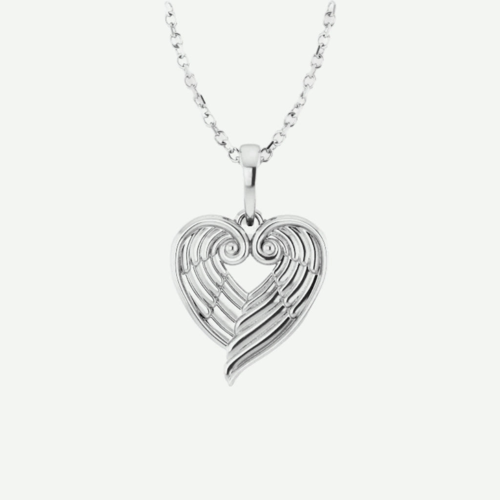Front View of White Gold ANGEL WINGS HEART Christian Necklace For Women