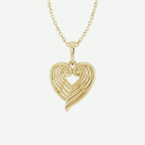 Front View of Yellow Gold ANGEL WINGS HEART Christian Necklace For Women