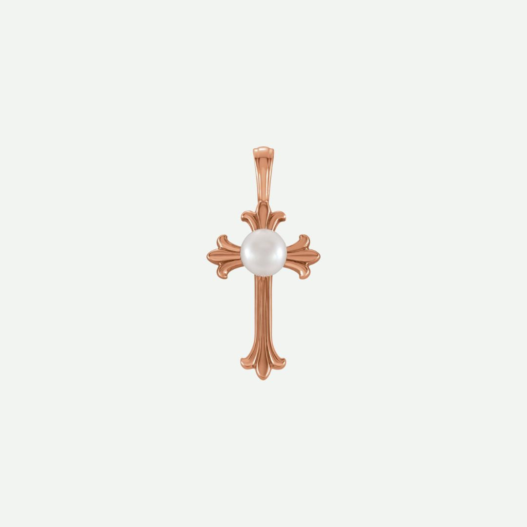 Front view of the RADIANCE rose gold cross pendant with a cultured freshwater pearl, blending warmth with faith-inspired design.
