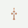 Front view of the RADIANCE rose gold cross pendant with a cultured freshwater pearl, blending warmth with faith-inspired design.