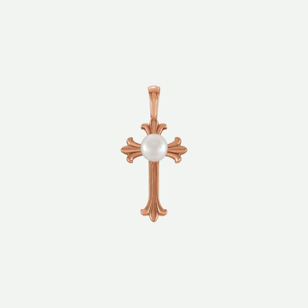 Front view of the RADIANCE rose gold cross pendant with a cultured freshwater pearl, blending warmth with faith-inspired design.